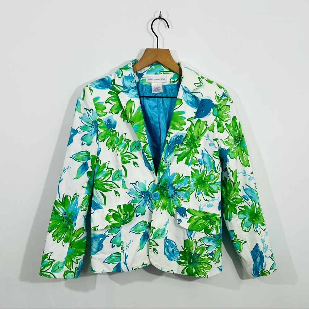 Susan Graver Style White Blazer W Blue Green Flowers Single Button Cottagecore